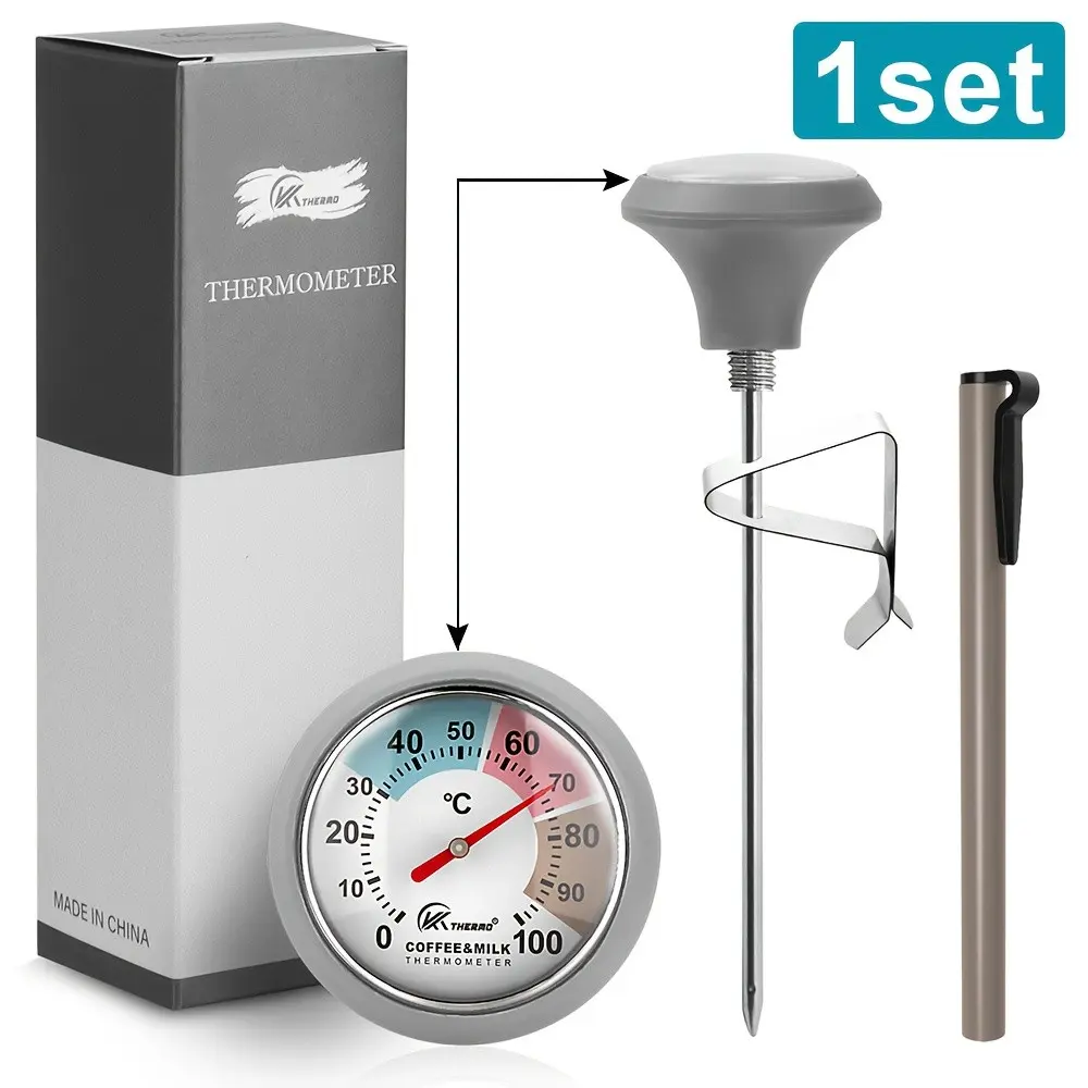 Coffee Milk Thermometer with Clip and Storage Case, 1.2 Inch Dial, Color Zone Division, Stainless Steel Probe, Precise Temperature for Kitchen Tea Drinks
