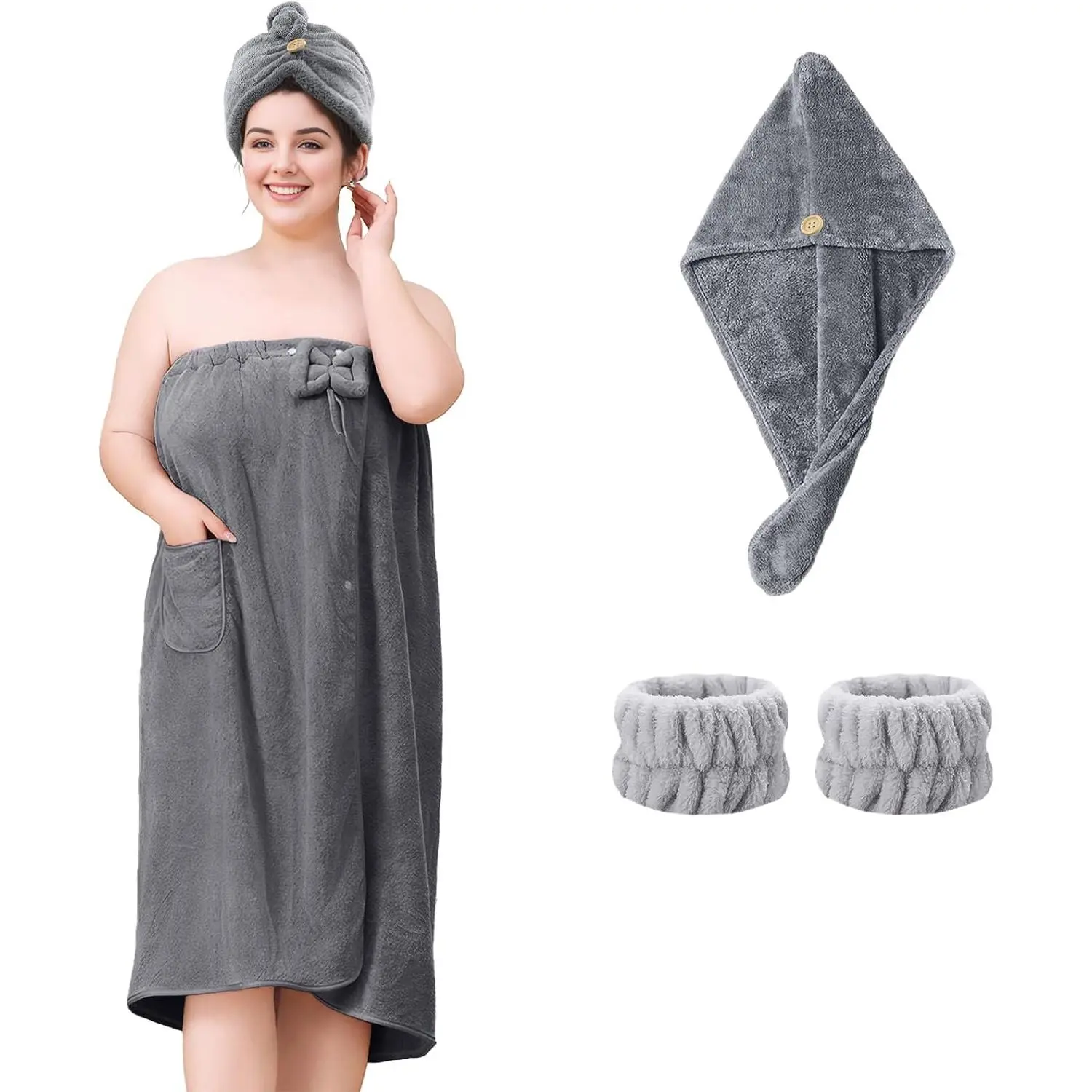 Plus Size Towel Wrap for Women, Adjustable  Wrap Bath Towels | Wearable Shower Towel Wrap with Hair Towel Wristbands Closure Elastic, 32x63in(Grey)