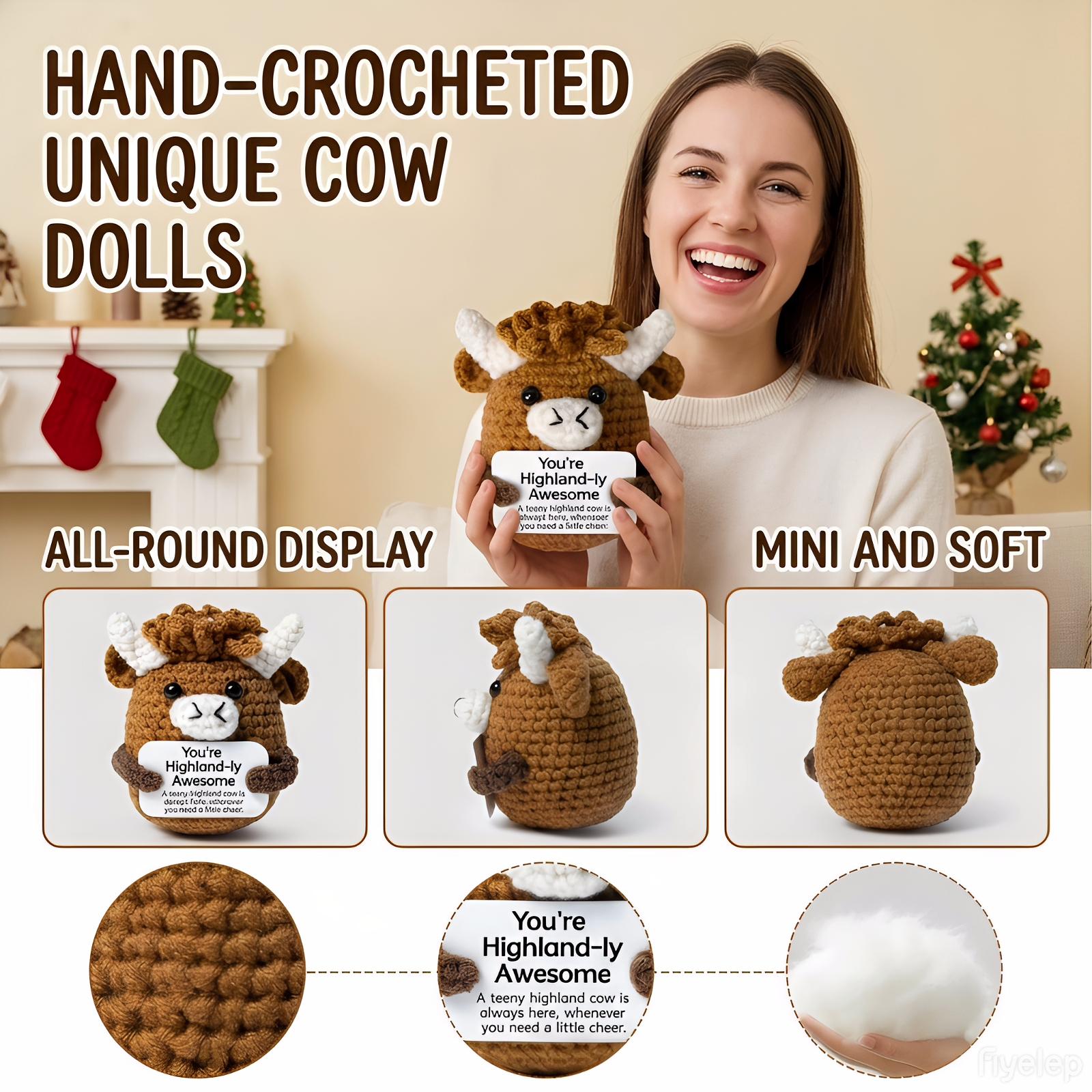 Cute Handcrafted Highland Cow Knit Plushie,Ultra Soft Fluffy Stuffed Animal,Squishy Relaxing Toy for Anxiety Relief,Adorable Bag Keychain Pendant,Perfect Festival Gift for Family Friends,Desk Bedroom Car Decor,Unique Handmade Crochet Cow Doll