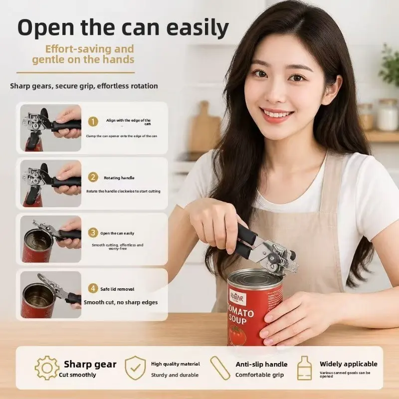 New Multi-Functional Can Opener, Home Use Easy Lever Can Opener Knife, Kitchen Bottle Opener, Non-Slip Handle, Easy to Clean