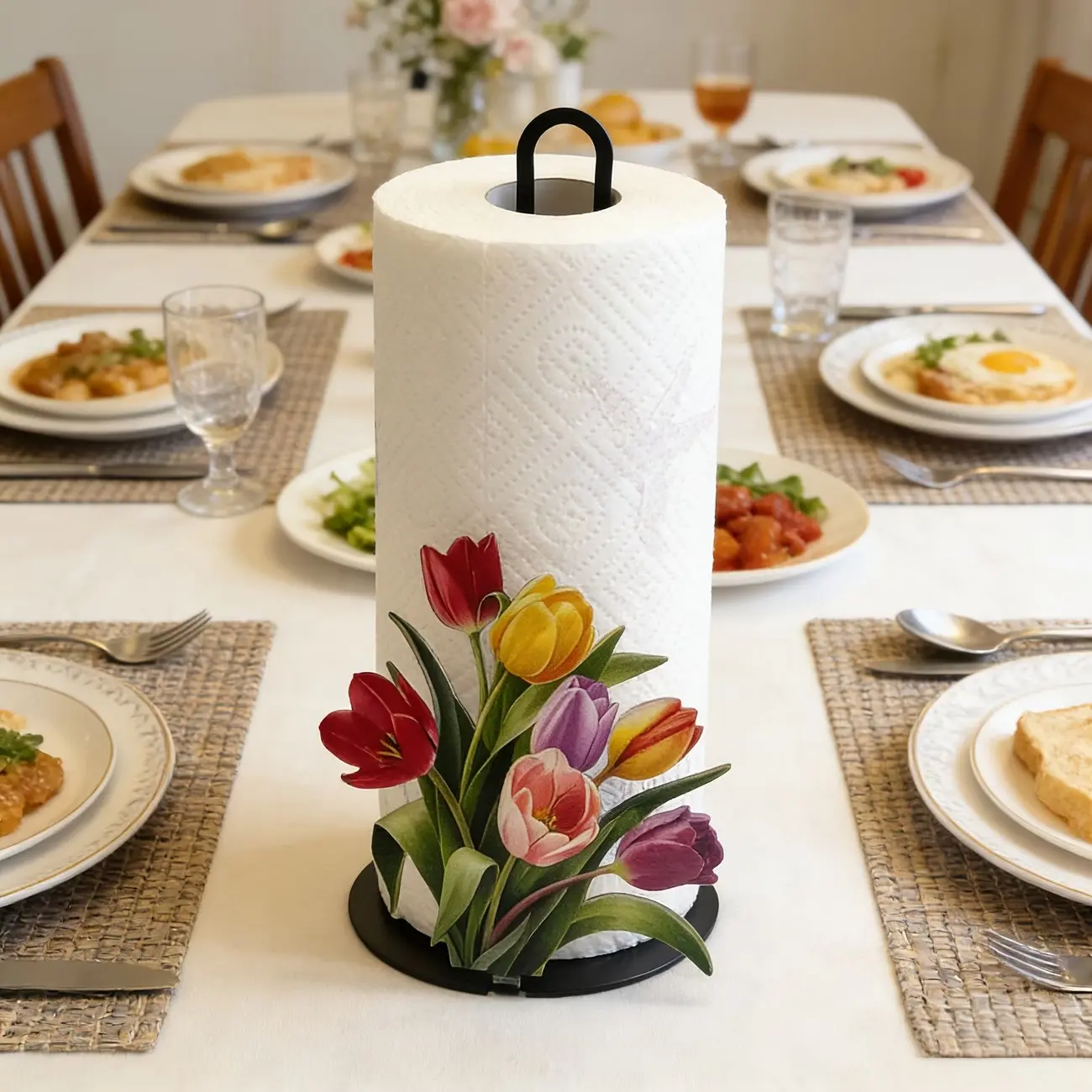 Tulip Paper Towel Holder for Kitchen Decor, Decorative Metal Cute Country Vintage Home Decoration, Ideal Moving Gift for Tulip Lovers