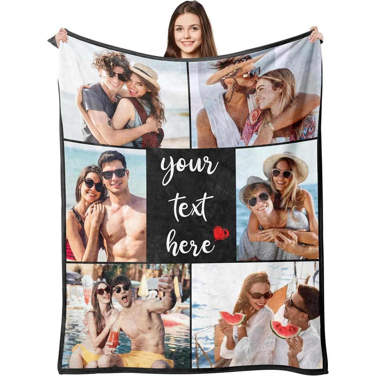 Custom Picture Collage Couple Flannel Throw Blanket with Black Frame-Red Heart Design, Personalized Text-Name-Date, Soft Cozy Warm, Romantic Accessories for Bed, Valentine's Day Gift for Partner, Couch Sofa Use