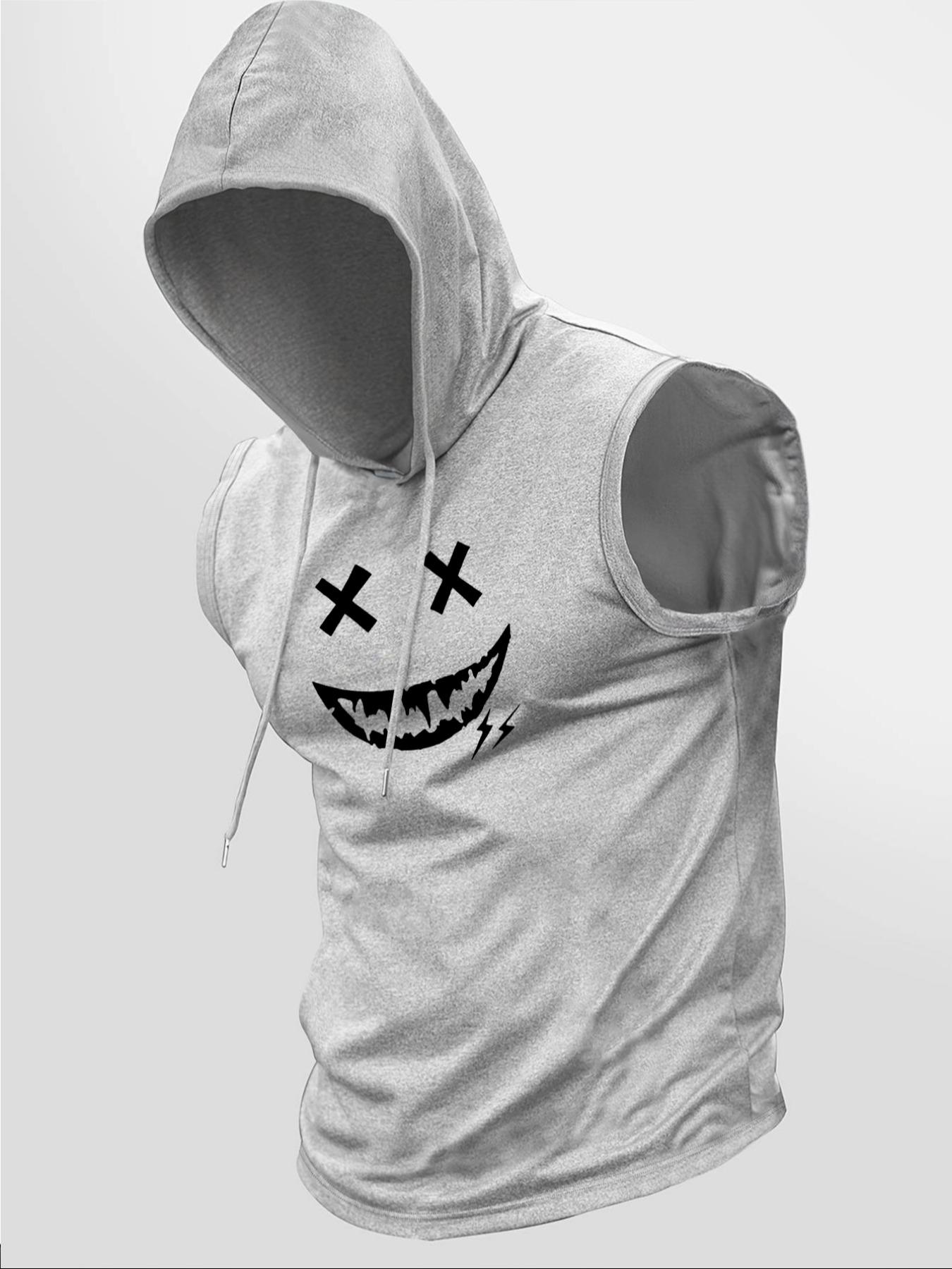 Men's Regular Fit Smile Face Print Tank Hoodie, Casual Graphic Sleeveless Hoodie for Summer, Fashion Men's Top for Daily Wear, Sweatshirts, Hot Trending Hoodies, Casual Sports Hoodie