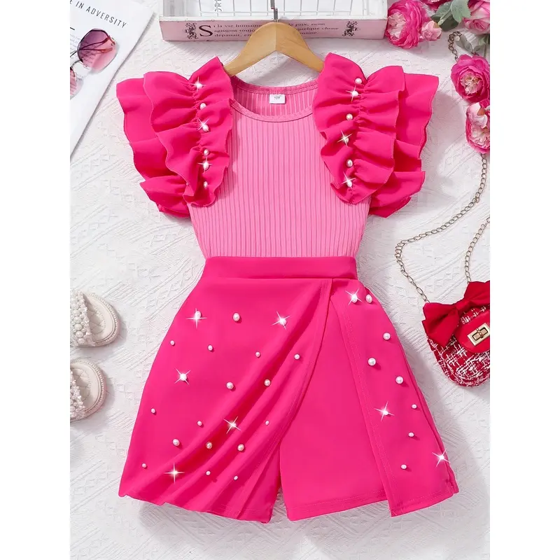 8-12Y Girls Summer 2Pcs Skort Set Soft Outfit Spliced Ruffle & Beaded Sleeveless Crew Neck Ribbed Fabric Easy Wear For Outdoor & First Day Of School