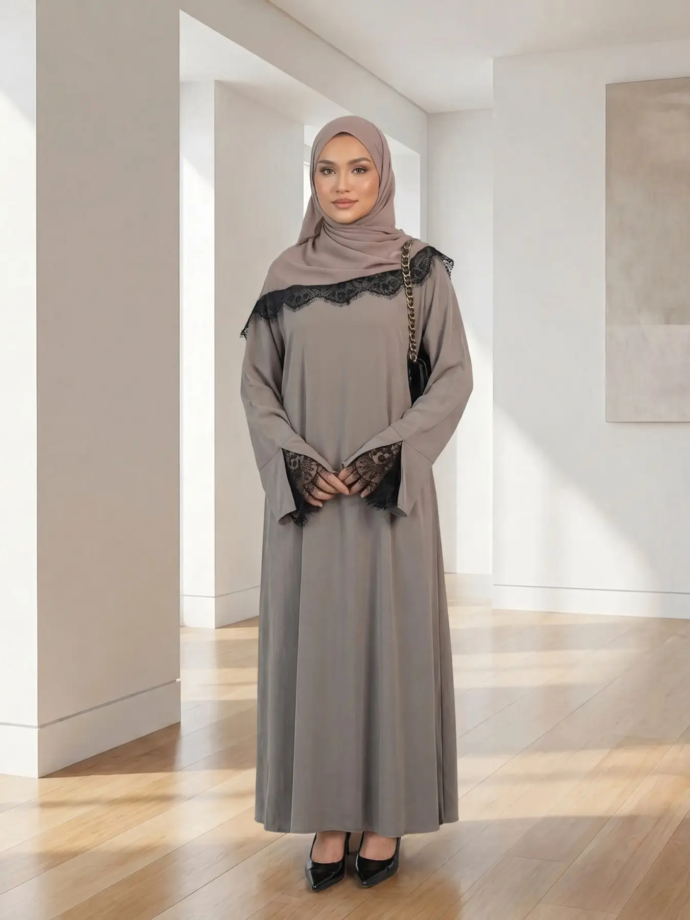 Elegant Arabic Style Women's Lace Dress Set, Split Sleeve Design, Includes Lace Headscarf, Nida Fabric, Fashionable and Comfortable, Modest Muslim Clothing