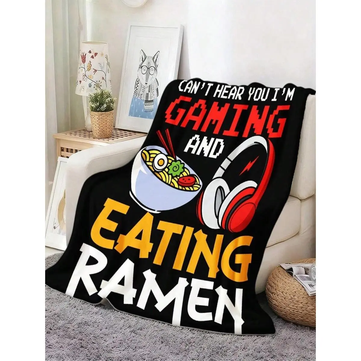 1-Pack Game Print Fleece Blanket - Soft,Warm,Lightweight Multi-Size All-Season Blanket for Beds,Sofas - Gift for Gamers with Ramen,Headphone Design - Ideal for Christmas,Birthday Gifting