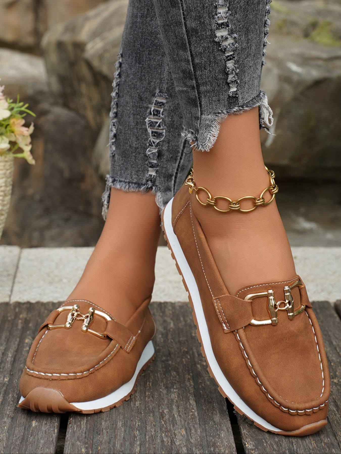 Women's Casual Slip-On Round Toe Loafers, PU Leather Comfortable Wedge Heel Shoes, Metal Buckle Decor, All Season Footwear