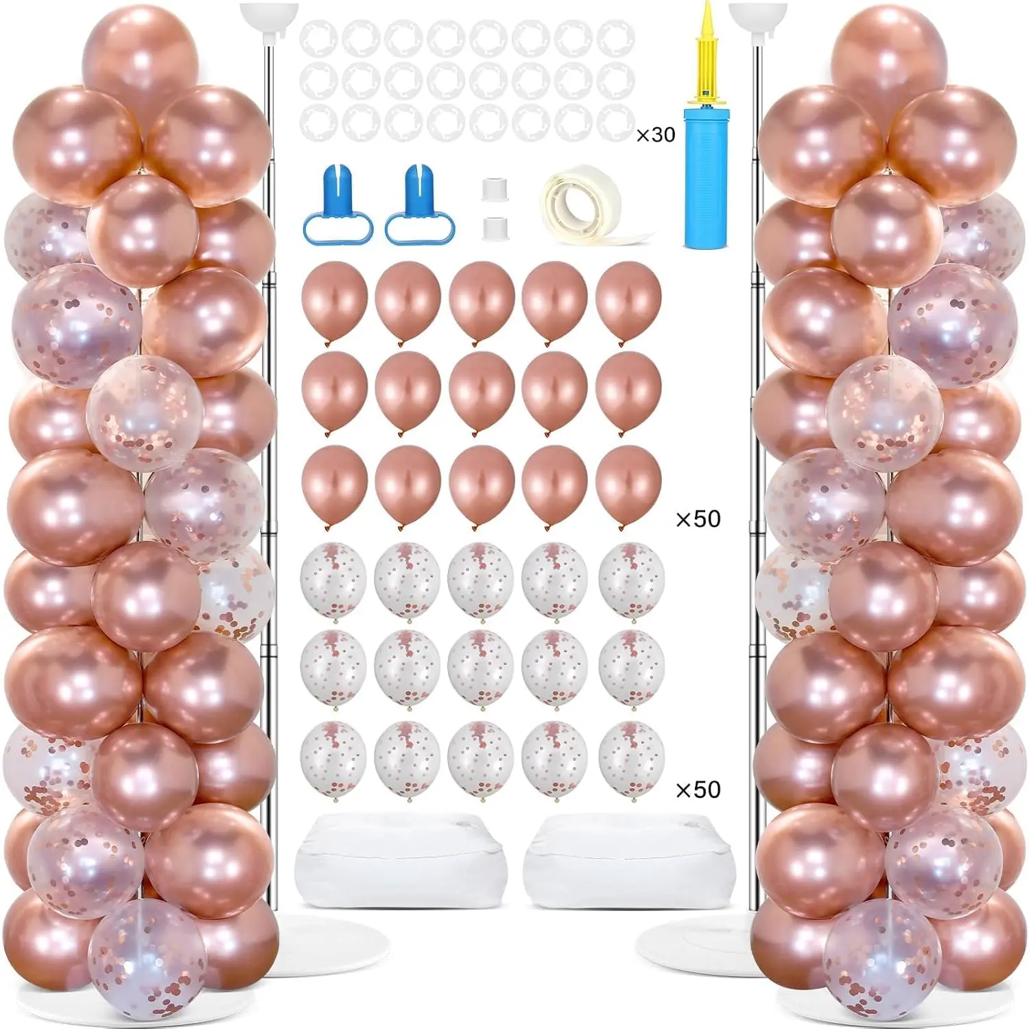 2 Sets Rose  Balloon Column Stand Kit with 100 Balloons Graduation Adjustable Tower Stand with Bases Floor Rose  Confetti Balloon Column Bridal Shower Bachelorette Birthday Wedding Party Decor