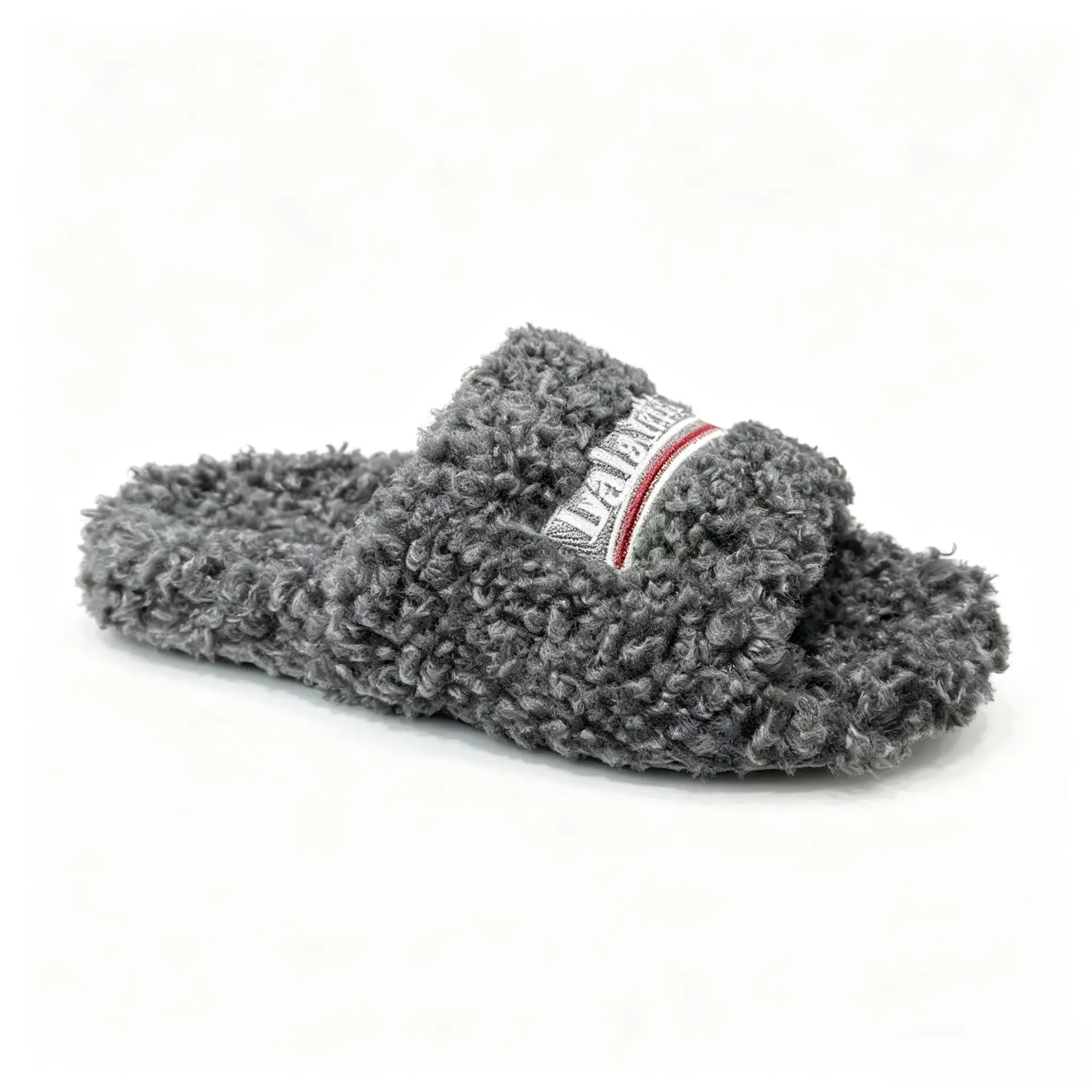 Unisex Charcoal Gray Curly Faux Fur Slide Slippers, Embroidered Open Toe Fluffy Shearling House Slippers, Non-Slip Soft Warm Cozy Indoor Outdoor Plush Slippers for Fall Winter  The viral charcoal gray curly fuzzy slides everyone is raving a