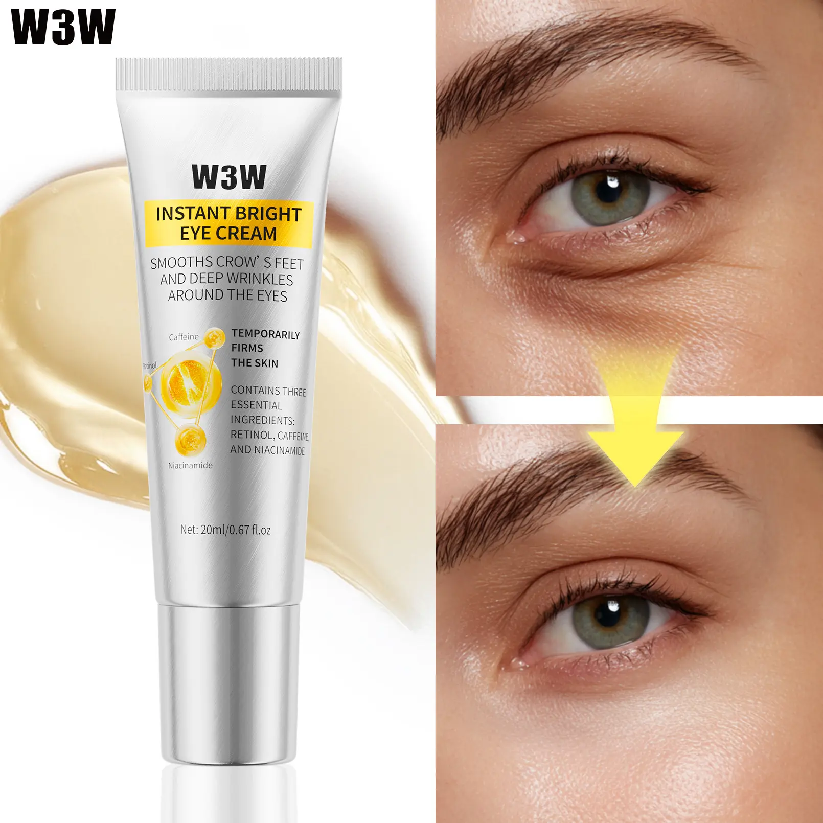 W3W Instant Bright Under Eye Cream 20ml Infused With Retinol Caffeine Niacinamide Hydrating Smoothing Eye Skin For Morning And Night Daily Eye Care