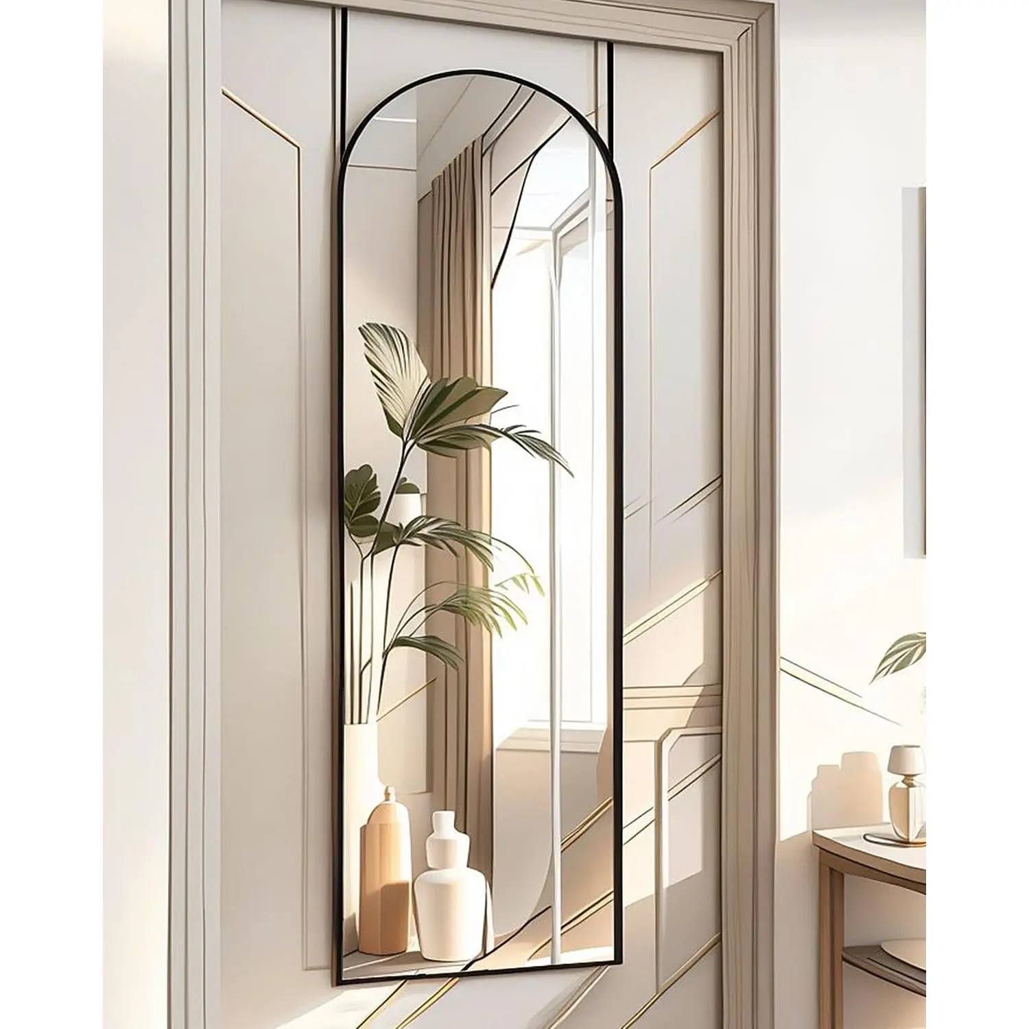 14"x 48" Arched Vertical Wall Mirror, Black, Over The Door, Full ,  Door Mirror
