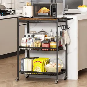 Microwave Kitchen Cart with Handle, 3-Tier Storage Cart, Lockable Wheels, 200 Lbs Capacity, Ideal for Kitchen Island, Restaurant, Office