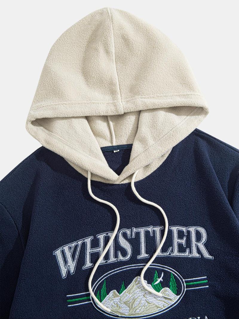 Men's Colorblock Patchwork Letter & Landscape Print Raglan Sleeve Color Contrast Hoodie, Casual Fashion Loose Drawstring Long Sleeve Hooded Sweatshirt for Fall & Winter, Men's Clothes for Daily Wear, Menswear