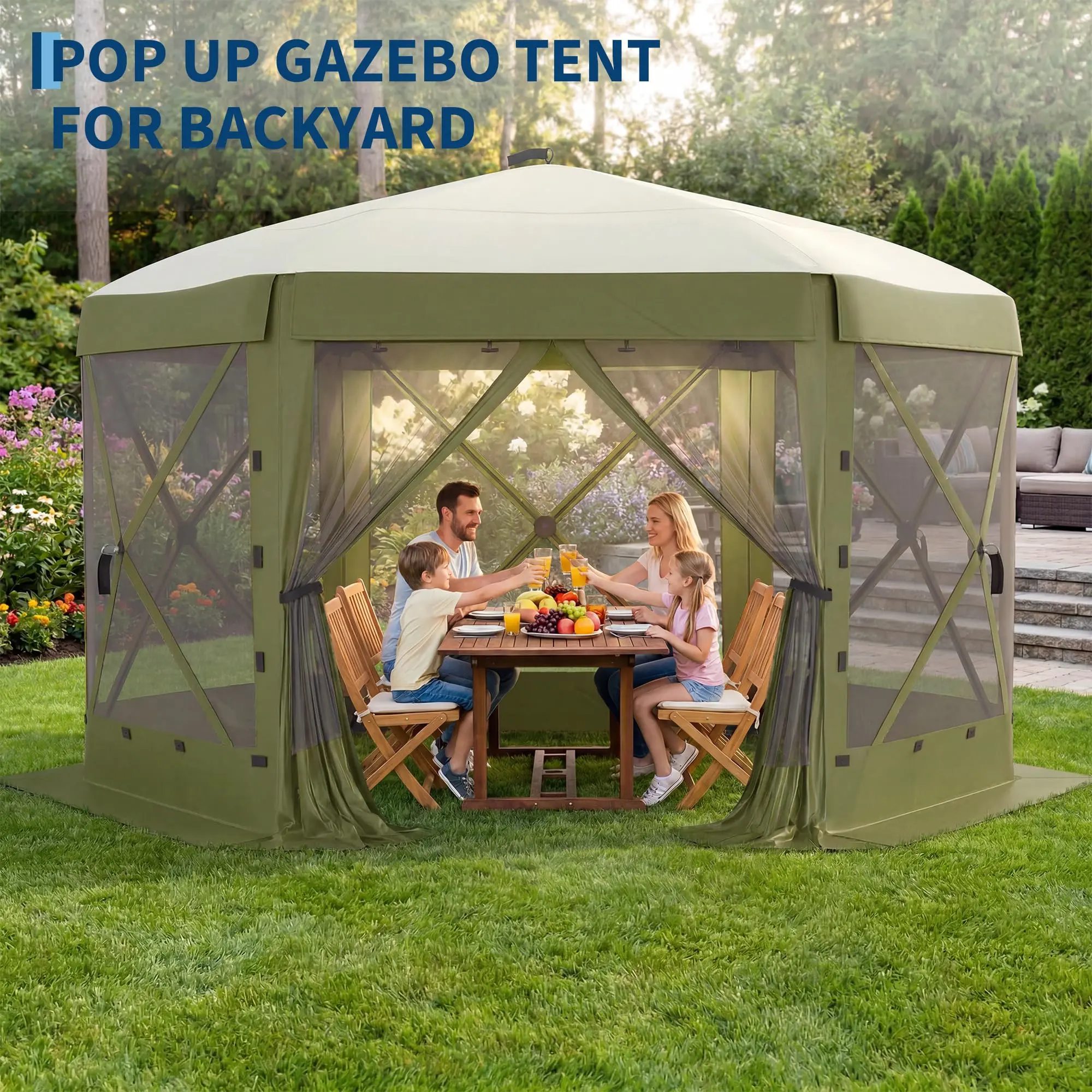11x11 FT Pop-Up Camping Screen House – Hexagon Outdoor Tent with Enclosed Mesh Panels, Instant Bug-Proof Canopy for Patio, Picnic & Backyard Gatherings