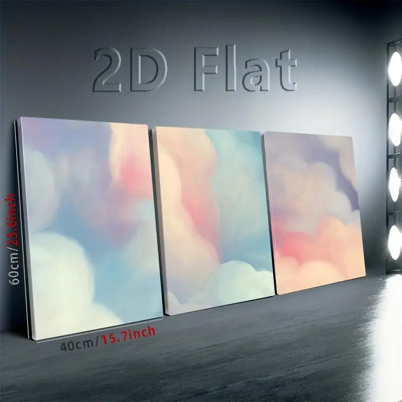 2D Flat Wall Decor for Halloween, Christmas.Framed canvas decorative painting with white pastel watercolor rainbow sky and cloud wall decoration, 3-piece set of abstract geometric wall decor prints, natural wilderness wall decoration, suitable for living