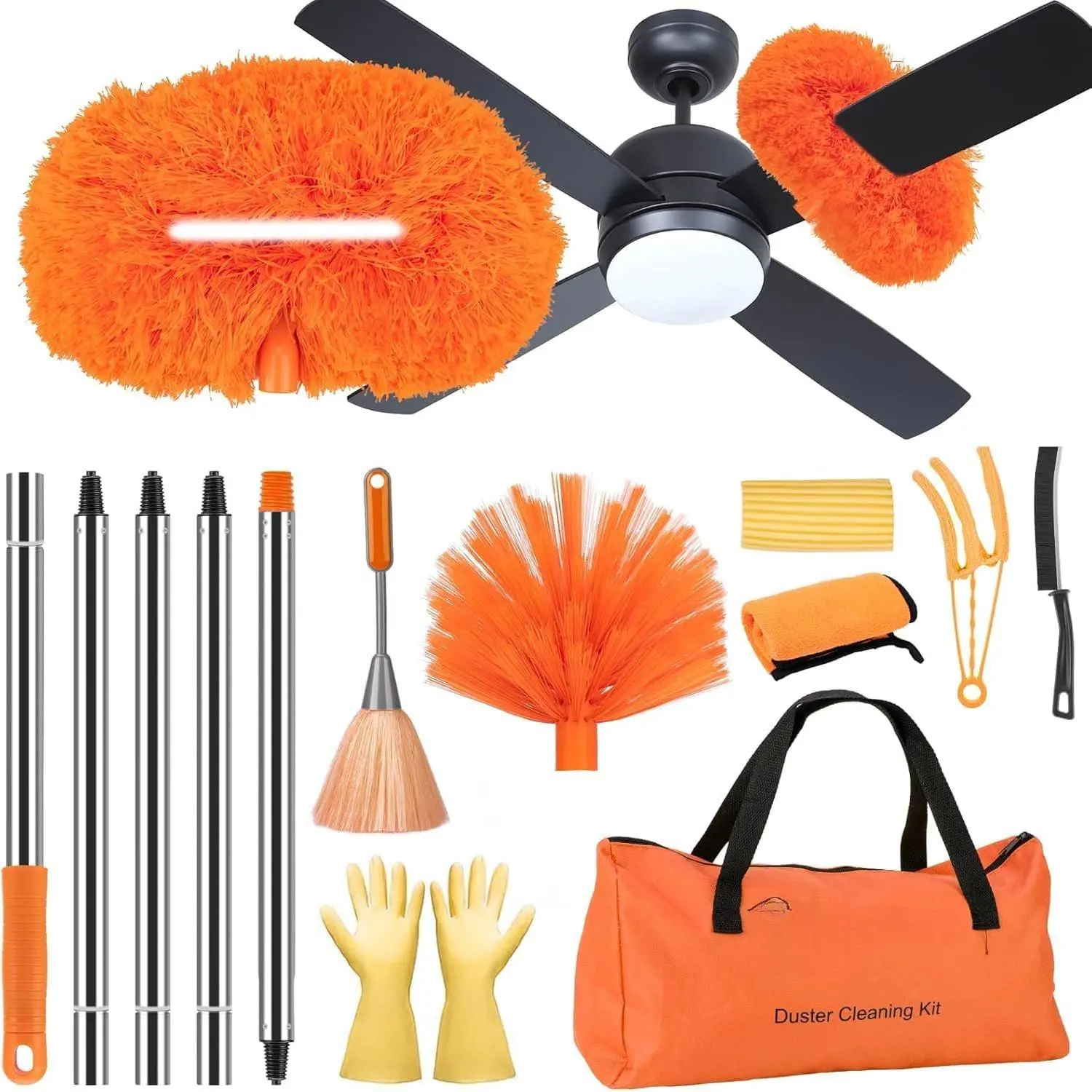 Ceiling Fan Cleaner Duster Kit with 60" Extension Pole, 14 count | 14"-60" Adjustable Pole; Ceiling Fan Duster, Cobweb Brush; High Fans, Webs, Blinds; Storage Bag