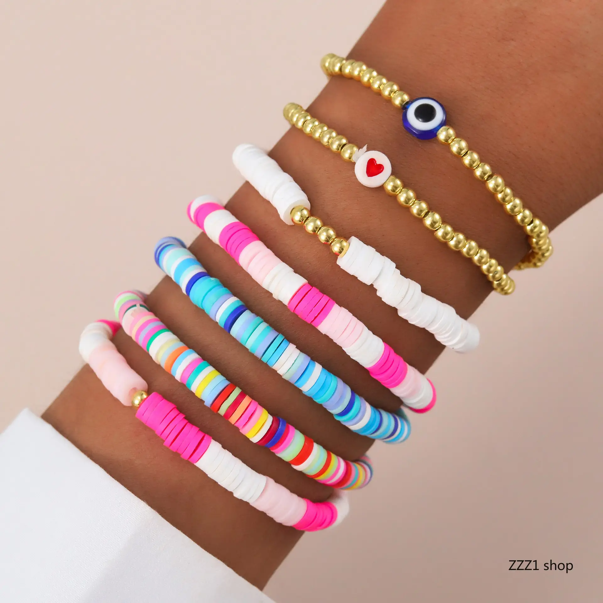 Teen Girls' 7-Pcs Preppy Heishi Beads Stretchable Bracelets Set - Colorful Polymer Clay Bead Stackable Jewelry with Heart Evil Eye Charms, Beach All Seasons Sports Wristband, 3-14y Gifts, Boho Beach