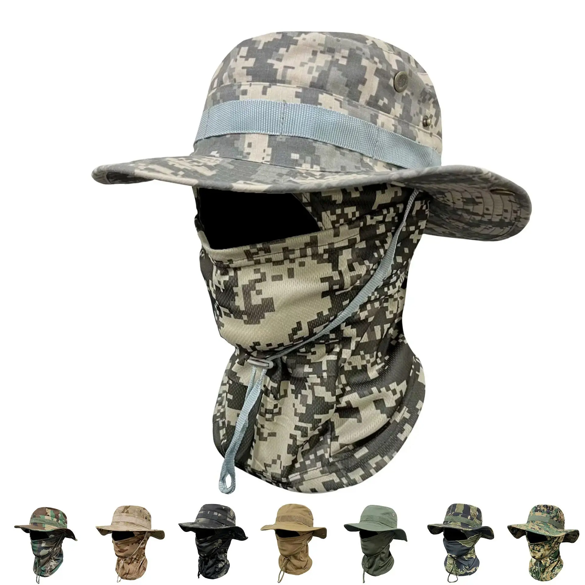 summervibes  Camouflage Fisherman Hat with Mask,  Outdoor Bucket Hat Set, Boonie Hat, Detachable Neck Flap & Face Cover for Sun Protection, Breathable Mesh Vents for Hiking, Camping, Fishing, and Tactical Outdoor Activities