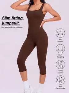 Women's Yoga Capri Jumpsuit Square Neck Backless Tummy Control Butt Lifting, Workout Shorts Romper Seamless Ribbed Sleeveless Unitard for Gym Sports