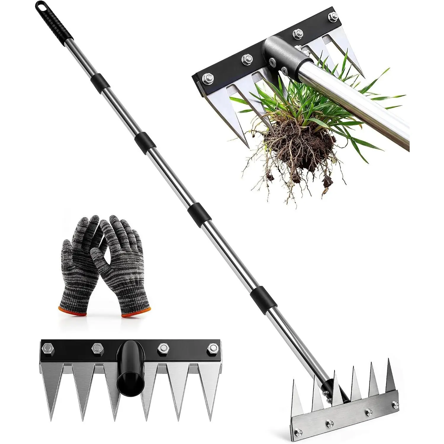 Heavy Duty Iron Weed Puller Rake Tool with 71" Adjustable Long Handle, Upgraded 6 Teeth Manual Weed Remover for Lawn, Yard & Garden