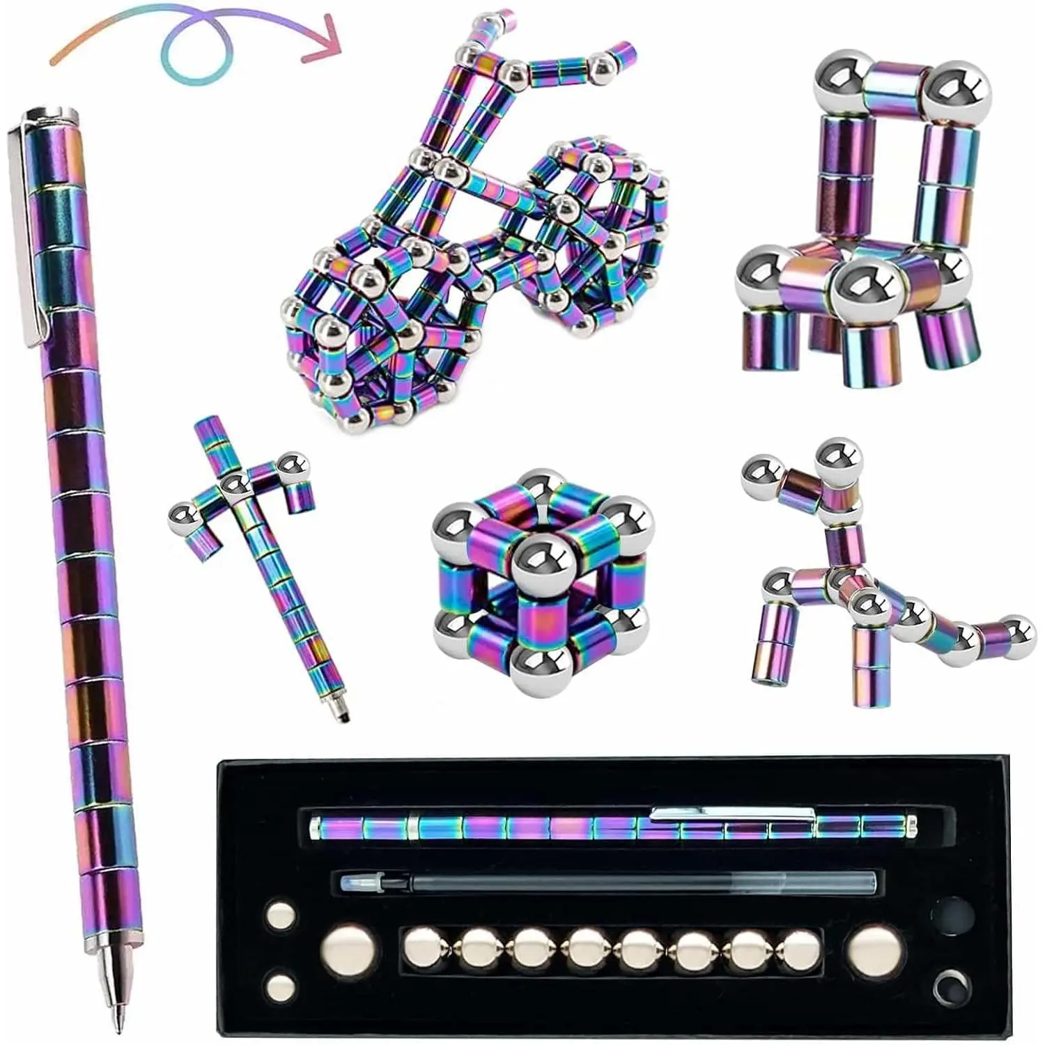 Fidget Toy Pen for Men Teens - Cool Gadget for Women Adults Polar Magnet Metal Tube Pen with Stylus & Refills, ADHD Anxiety Relief Desk Toys for Office Workers, Creative Gift Set for Teen Boys Girls