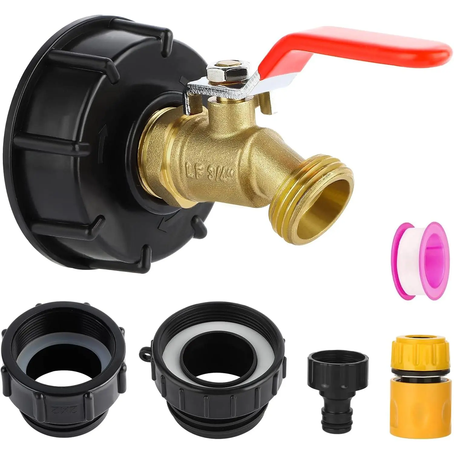 275-330 Gallon  Tote Hose Adapter, 3/4" Male NPT Inlet ×3/4" Male GHT Threaded (Red Handle,  Brass faucet), 3-Size  Tote Adapter, Includes 2.44" Fine, 2" Fine, and 2" Coarse Thread