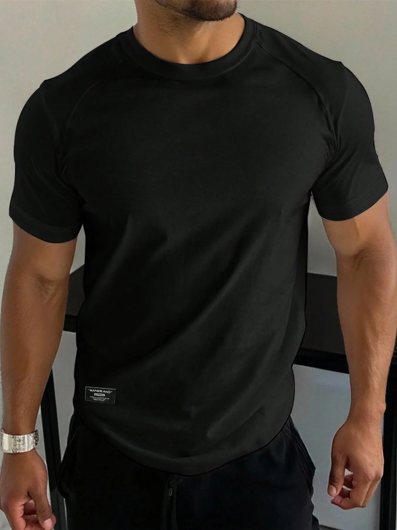 Men's solid color raglan sleeve crew neck T-shirt, comfortable soft casual short sleeve tee, dry sporty gym workout top, Activewear tee