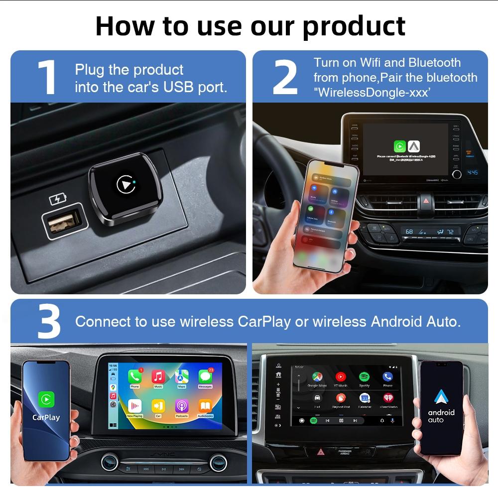 Wireless Carplay Device, Supports Android Auto, Fast Connection, Plug-And-Play, Hands-Free Calling, Smart Screen Upgrade, Premium Material Gift