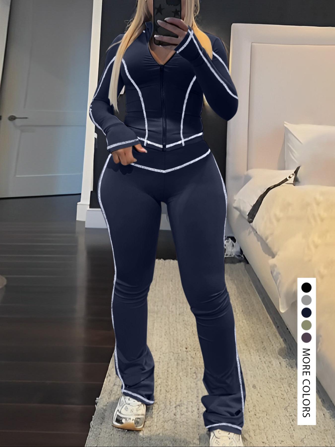 【LovelyWholesale】2026 FIFA World Cup Campaign Two-piece Set Women's Striped Zip Up Jacket & Pants, Street Fashion Streetwear Long Sleeve Outerwear & High Waist Trousers for Daily Wear, Ladies Spring  Clothes, Womenswear Perfect for All Seasons