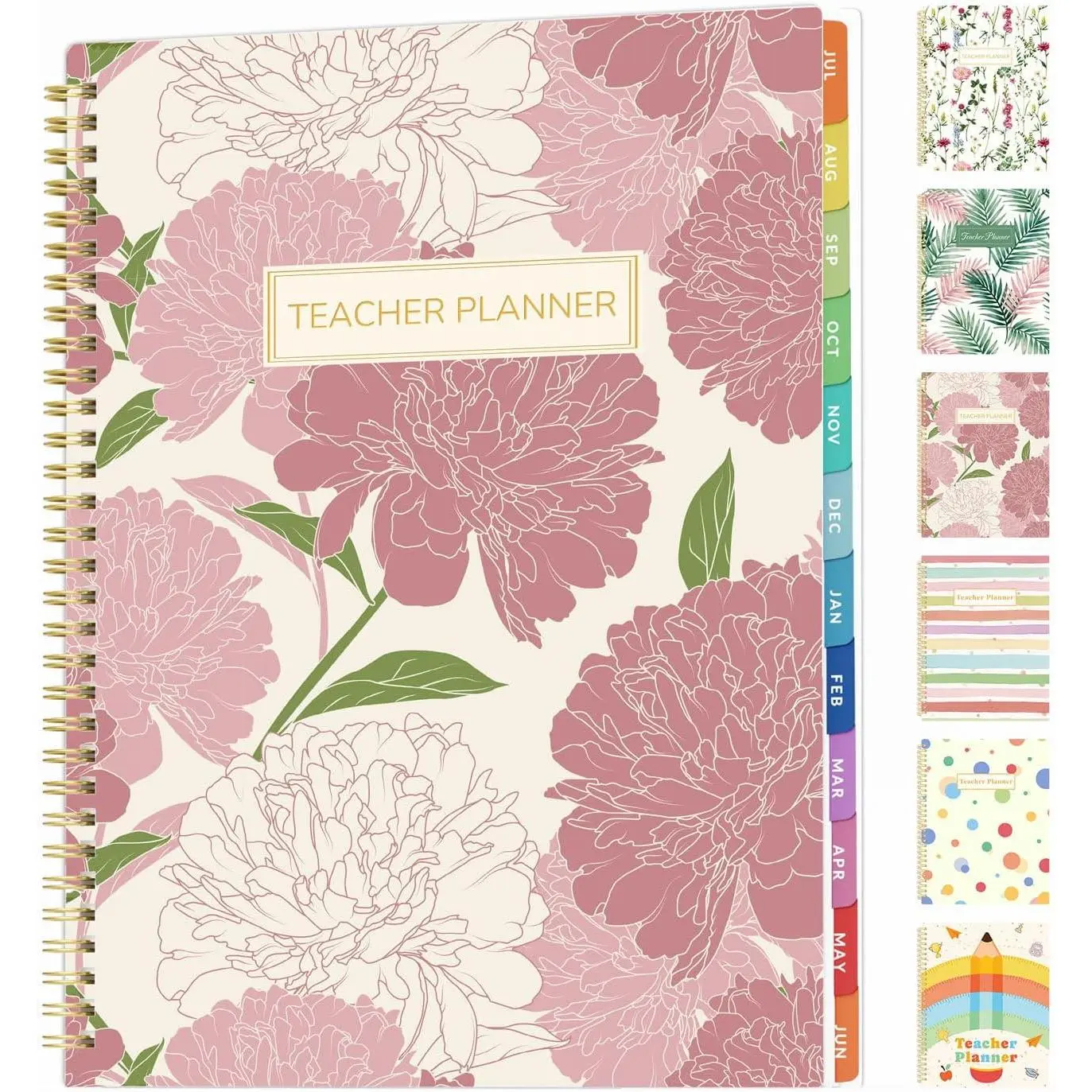 Teacher Planner 2026-2027 Academic Year, 7 Periods Lesson Plan Book Jul 2026 - Jun 2027, 8.5"x11"Daily Weekly Monthly Organizers Horizontal Layout with Calendars, Bookmark, Tabs, Pocket, Peony