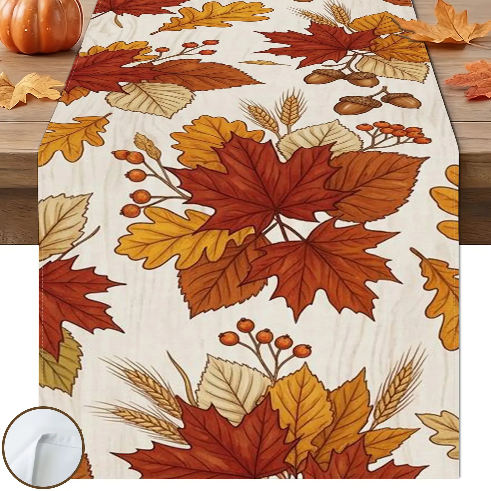 1pc Wood Grain Autumn Leaf Table Runner, Classic Vintage Style, Beige Wood Grain Red Yellow Maple Wheat Berry Acorn Pattern, for Fall Thanksgiving Table Decor.