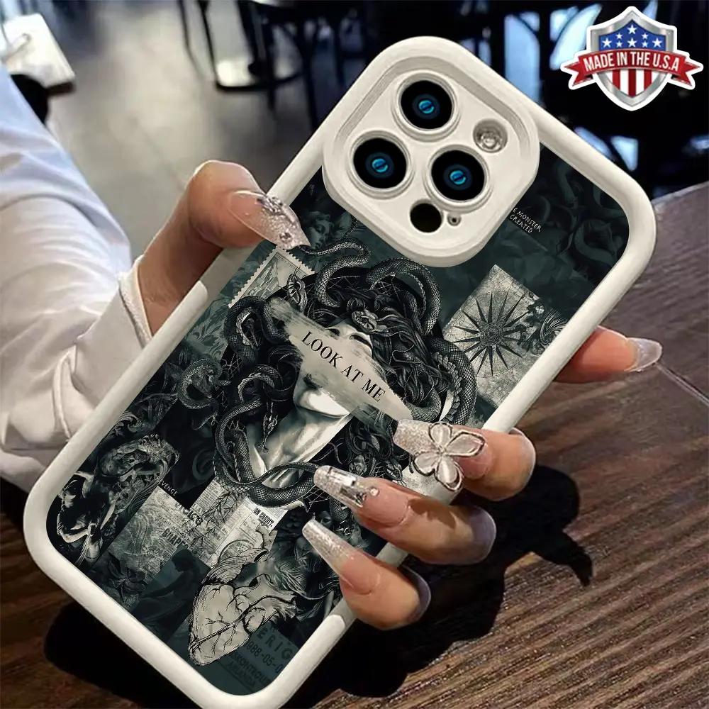 Vintage Artistic Medusa Collage Pattern Aesthetic Case for iPhone 17 16 15 14 Pro Max 13 12 11 XR XS Plus Air Slim Shockproof Anti Scratch Protective Durable TPU Cover