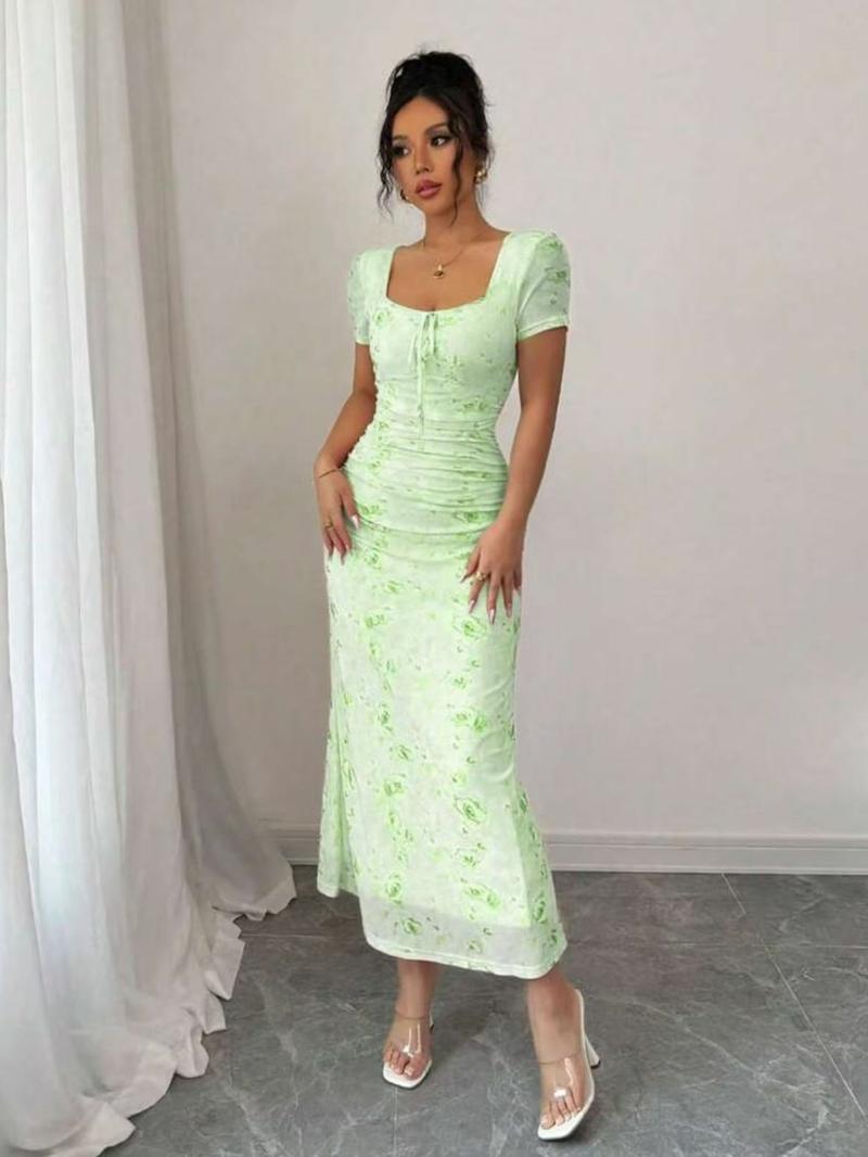 Women's Floral Print Dress, Elegant Dresses, Chic Elegant Aesthetic Short Sleeve Dress for Party Holiday Wedding Guest, Ladies Clothes for Summer, Womenswear