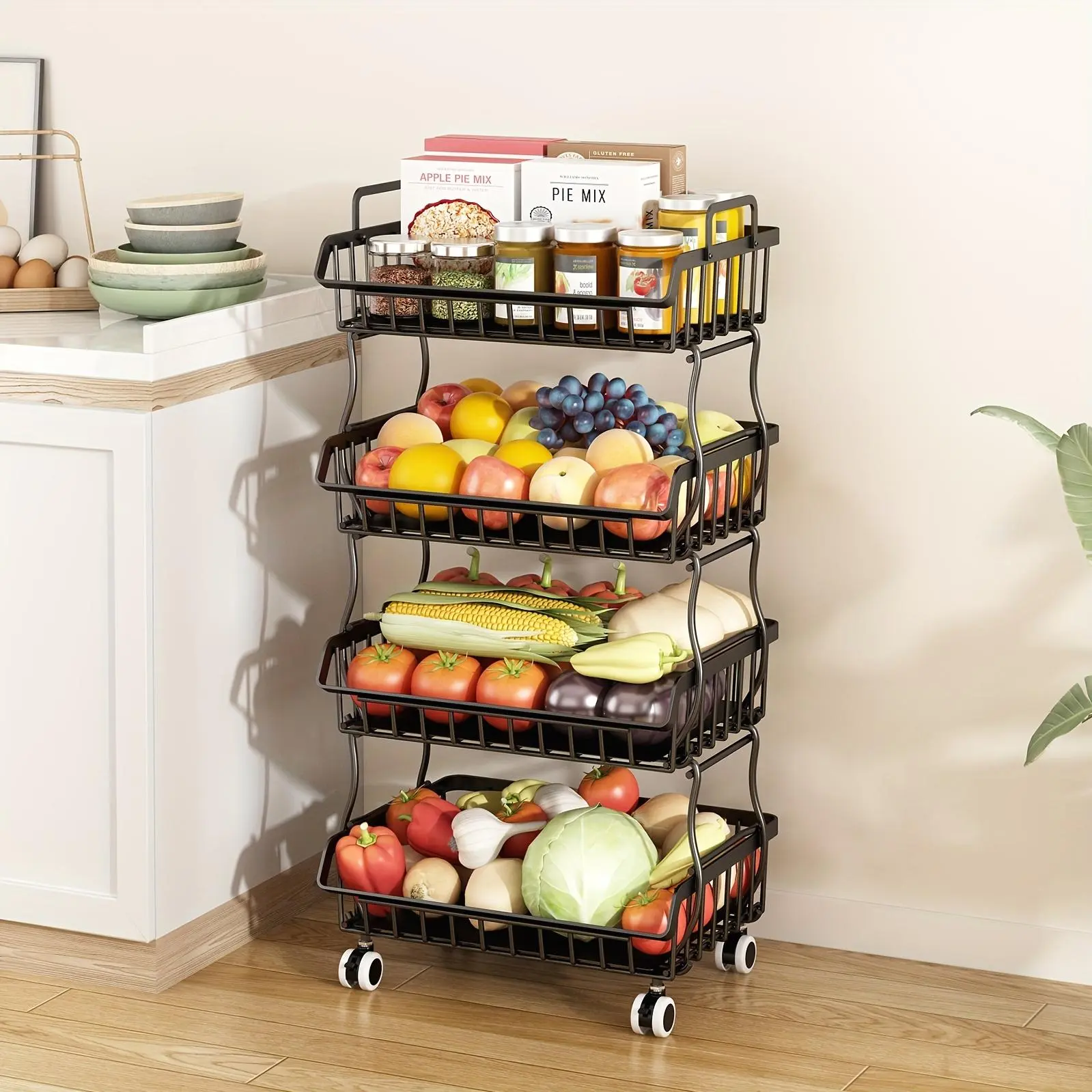 Fruit Vegetable Basket for Kitchen, 4-Tier Stackable Fruit Vegetable Storage Baskets with Wheels, Metal Wire Storage Basket Organizer Baskets for Kitchen, Pantry