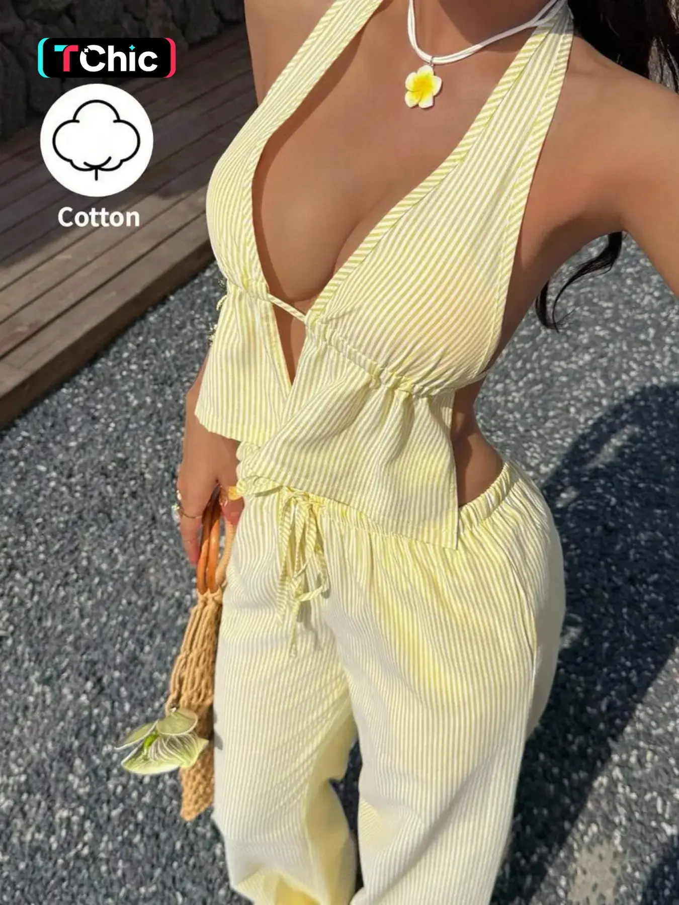 Women's Summer 2 Pcs Outfit, Sleeveless, Halter V Neck Backless Striped Colorblock Fitted Camisole Crop Top and Wide Leg Pants Two-Piece Set, Casual Vacation Holiday Travel