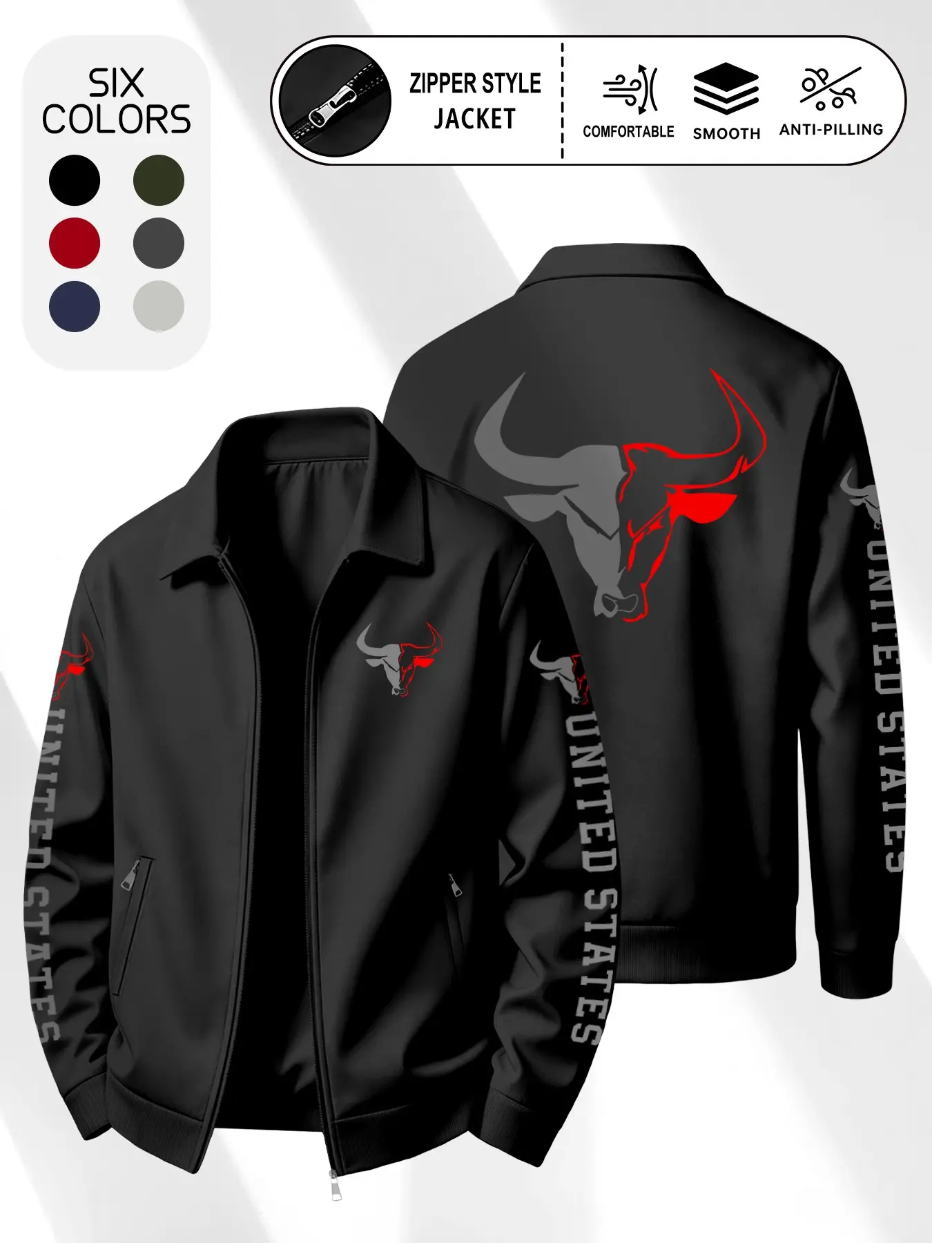 Men's Lapel Zipper Jacket with Bull Head Print, Casual Long Sleeve Outerwear, Loose-Fit Spring & Fall Fashion Coat, Six Colors Available