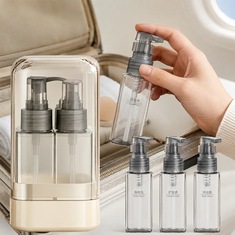 4-in-1 Plastic Rectangle Mini Cosmetic Storage Dispenser Bottle - Leak-Proof Refillable Silicone Squeeze Container with Lock, Durable Portable Toiletries Storage Bottles & Jars for Travel Stuff