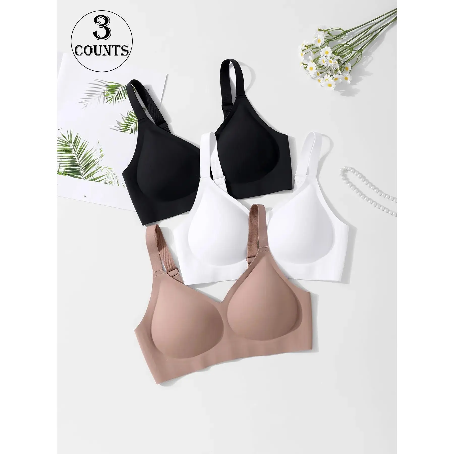 3 Pack Women's Solid-Color Seamless Wireless Adjustable Jelly Bra for Daily Wear and Commuting