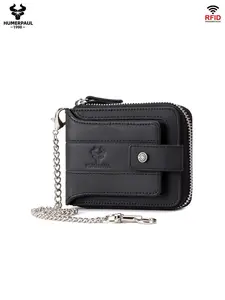 HUMERPAUL  Men Leather Wallet Simple Foldable Design Rfid Anti-Theft Chain Strap Hidden Pocket Zipper Multi-Card Slots Business Gift