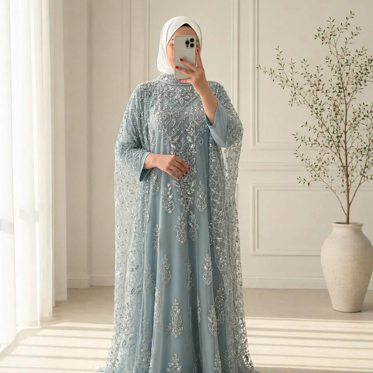 Crystal Beaded Cape Abaya Set Eid Wedding Nikah Modest Formal (MA427)