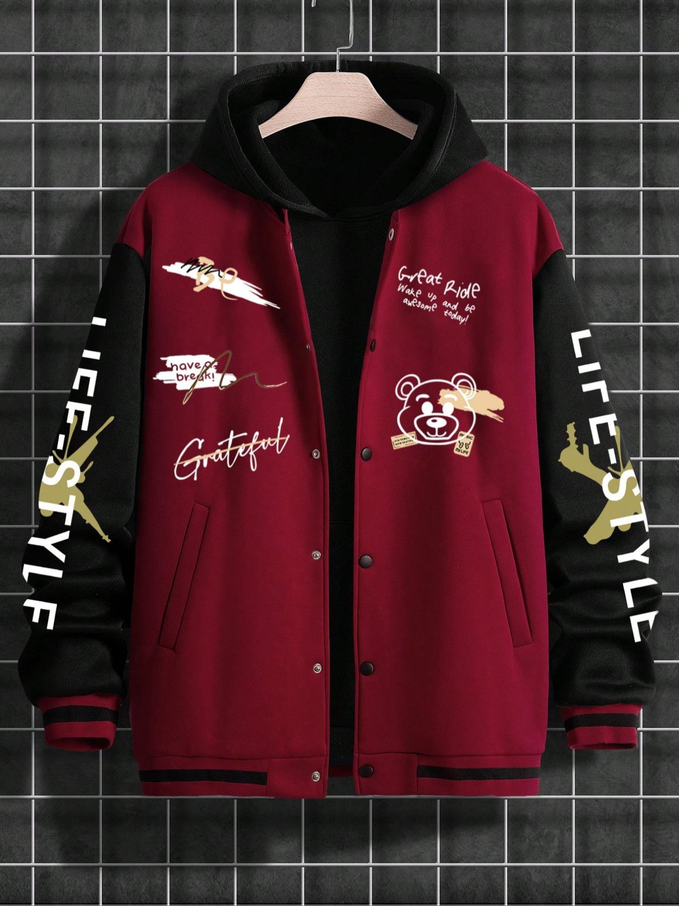 Men's Cartoon Bear & Letter Print Drop Shoulder Varsity Jacket without Inner Top, Loose Casual Preppy Style Long Sleeve Pocket Button Front Outerwear for Daily Wear, Men's Clothes for All Seasons Casual Fashion Jacket