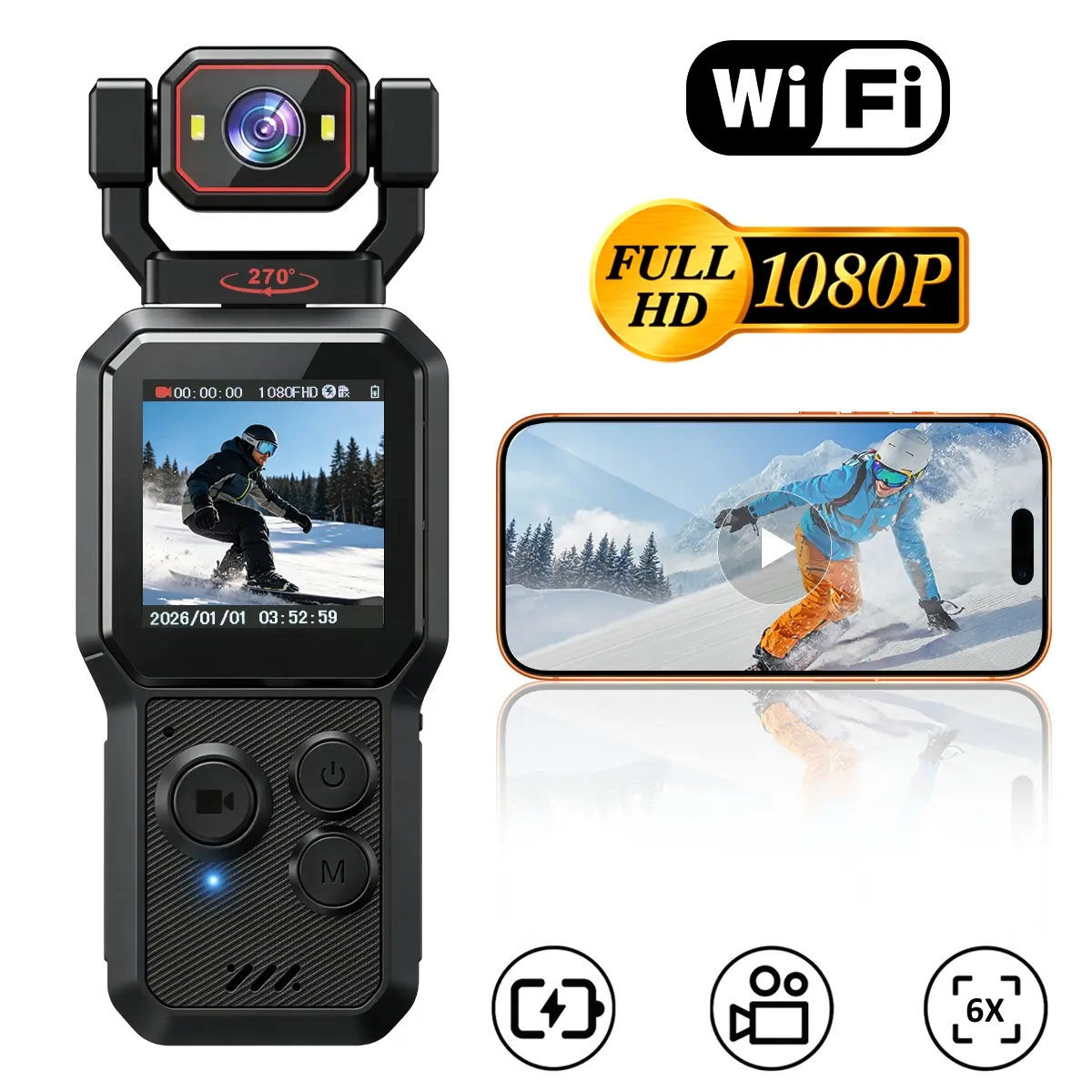 Pocket Vlogging Camera, Mini Body Camera with 1080P HD Video Recording, 6X Digital Zoom, WiFi Connection, Clip-On Wearable Design, Wide Angle Lens, Motion Detection, Portable POV Camera for Travel, Daily Life and Content Creation