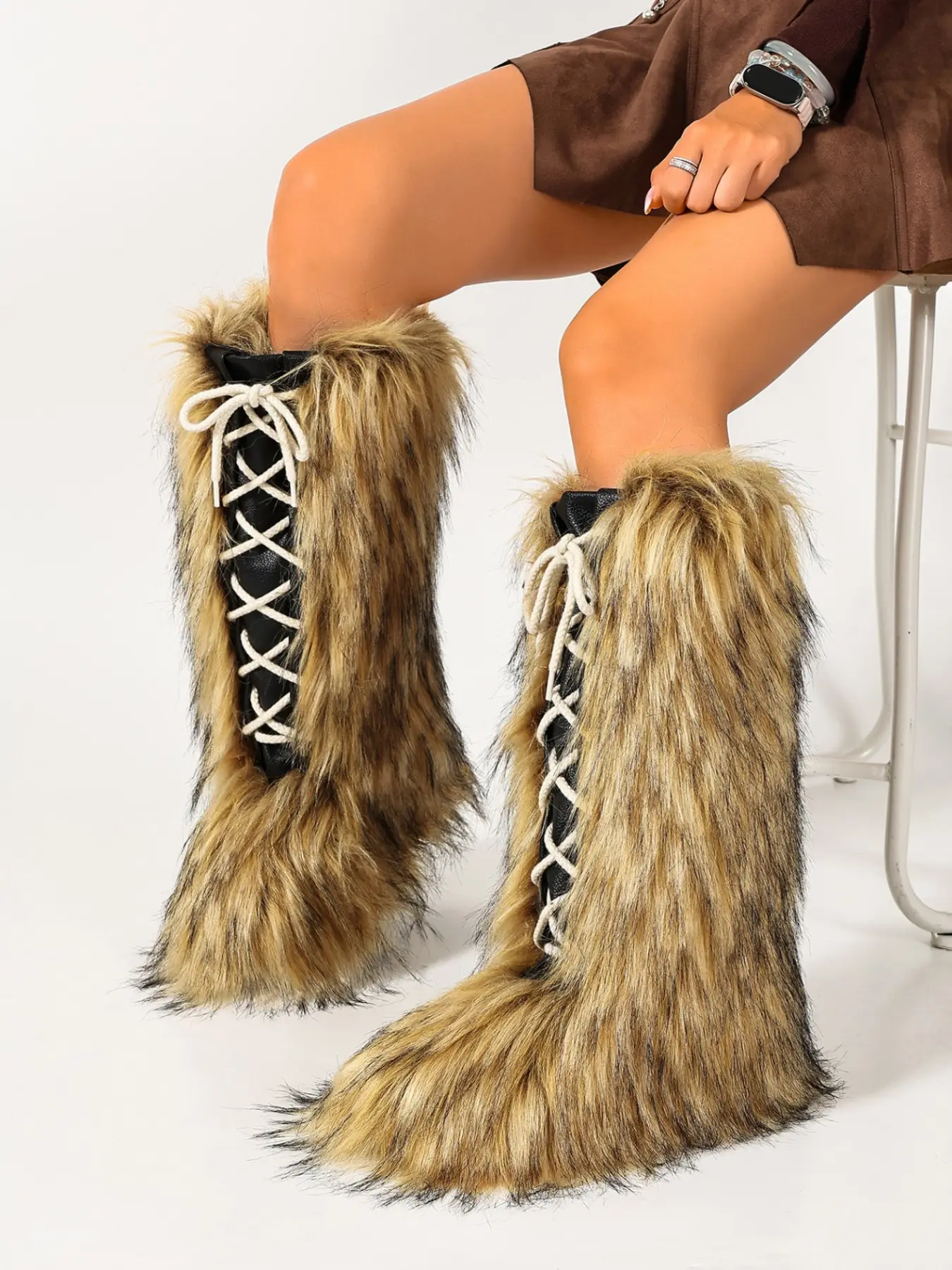 Women's Y2K Style Faux Fur Long Boots, Cross Laces Bow Decoration, Winter Party Streetwear, Warm Anti-Slip Cotton Boots