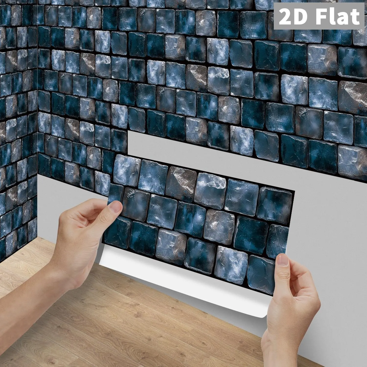 6/12/24/48Pcs FG Deep Sea Blue Mineral Square Mosaic Tile Stickers, 2D Flat PVC Crystal Film Self Adhesive Waterproof Oilproof Wall Decals For Kitchen Bathroom Floor Wood