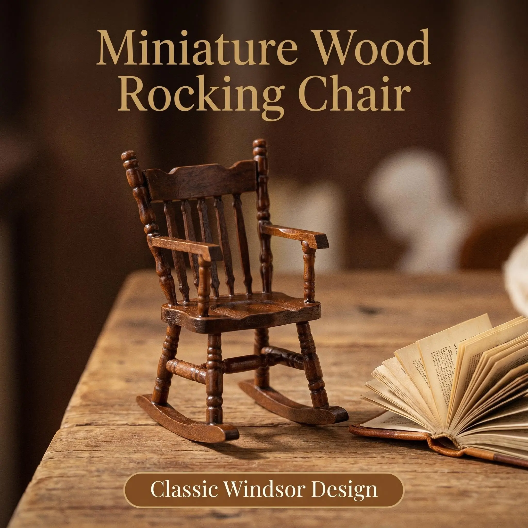 [Miniature Rocking Chair] Vintage-Style Solid Wood Miniature Rocking Chair Ornament; Classic Windsor-Style Miniature Furniture with Armrests; Ideal for Dollhouse Living Room Scenes, Tabletop Display And Collection, And As a Wooden Dollhouse Accessory