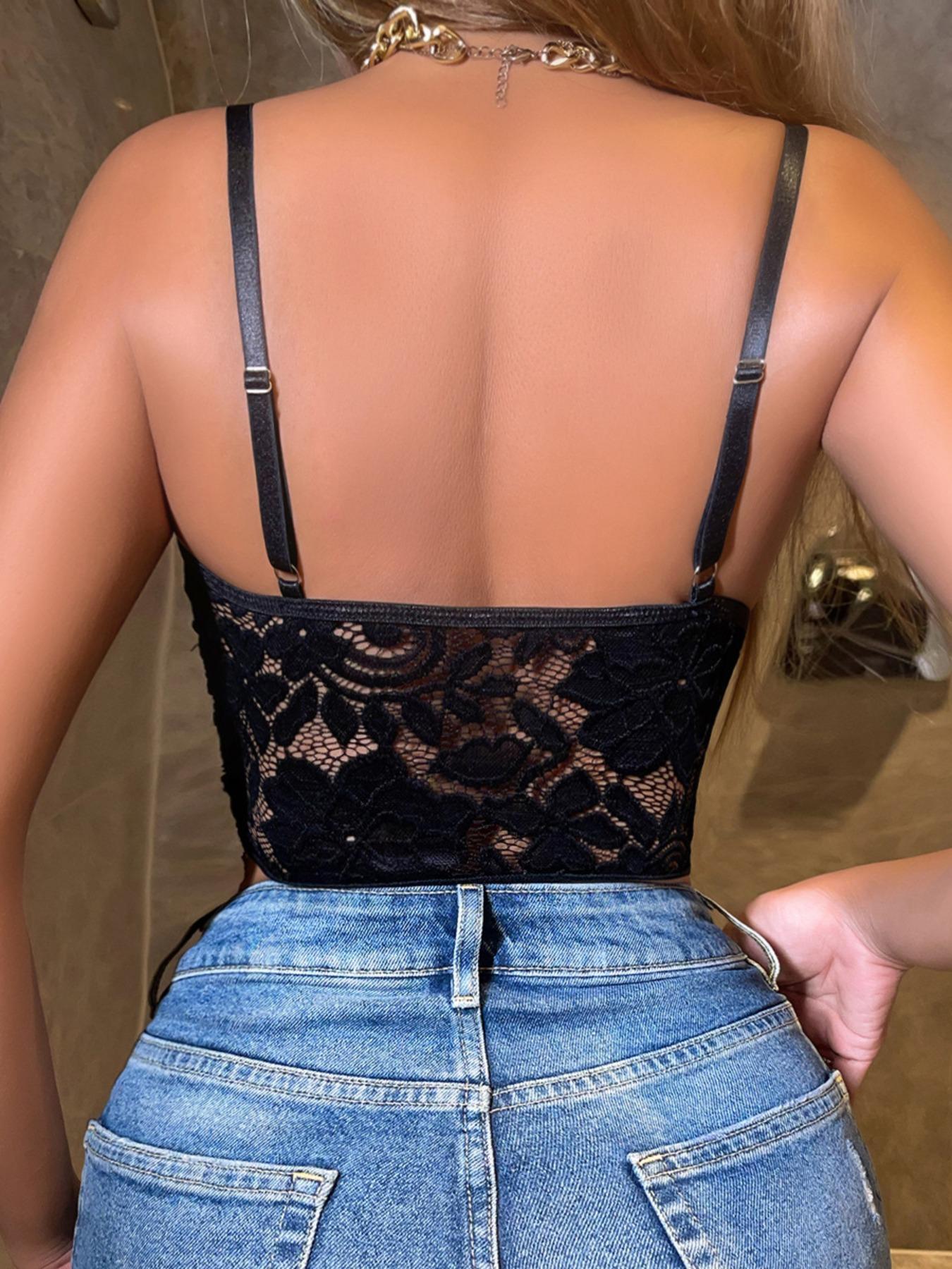 Women's Backless Sheer Lace Vintage Crop Cami Top, Classy Elegant Adjustable Strap Deep V Neck Crop Top, Summer Clothes Women for Daily Vacation Party, Lace Cami, Womenswear Elegance Style