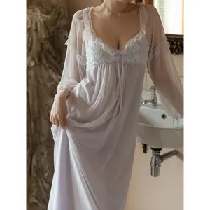 Sexy Elegant Chic Lace Patchwork Mesh Deep V Neck Sleepwear, Adjustable Bra Pads Long Sleeve Wooden Trim Layered Nightgown, Women's Underwear