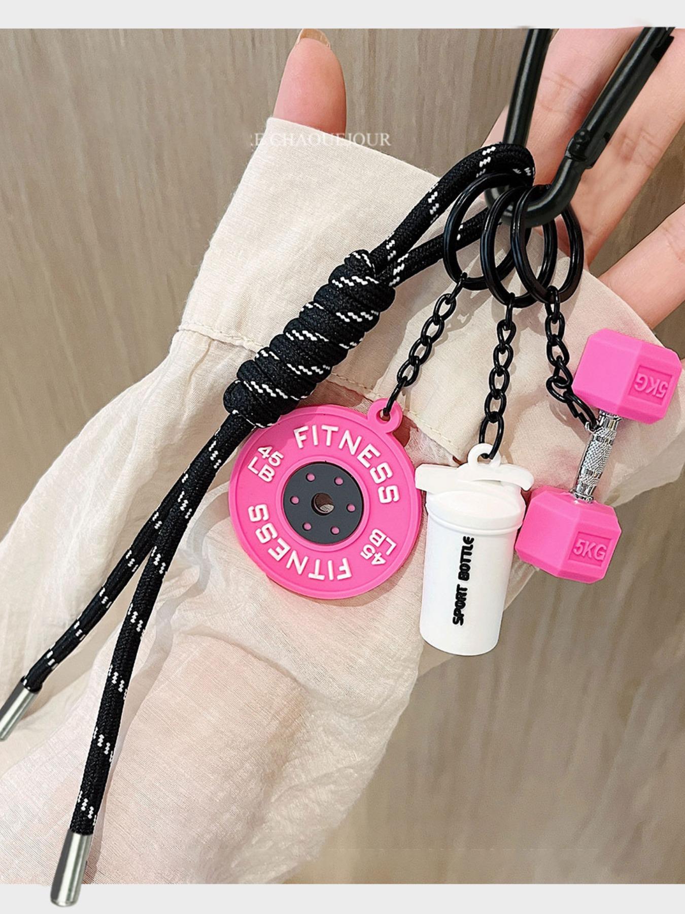 Fitness Gym Keychain, Barbell & Dumbbell Pendant Lanyard Keyring with Woven White and Pink Rope, Bag/Purse Charm and Weightlifting Themed Jewelry Accessory Fitness Gym Keychain, Barbell & Dumbbell Pendant Lanyard Keyring with Woven White and Pink Rope, Bag/Purse Charm and Weightlifting Themed Jewelry Accessory