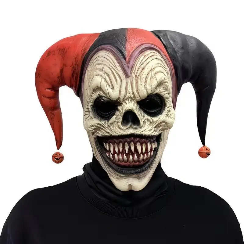 Horror Bell Clown Latex Full Head Mask, Evil Jester Devil Mask With Big Horns & Pumpkin Bell Pendant, Creepy Smiling Clown Mask For Halloween Cosplay, Masquerade Party & Holiday Performance Costume Prop