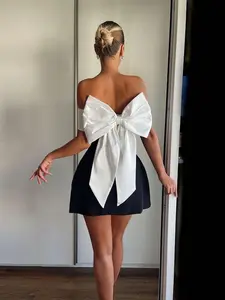 Women's Colorblock Off Shoulder Bow Decor Dress, Fashion Casual  Dress for Daily Outdoor Wear, Ladies Dress for Summer Womenswear